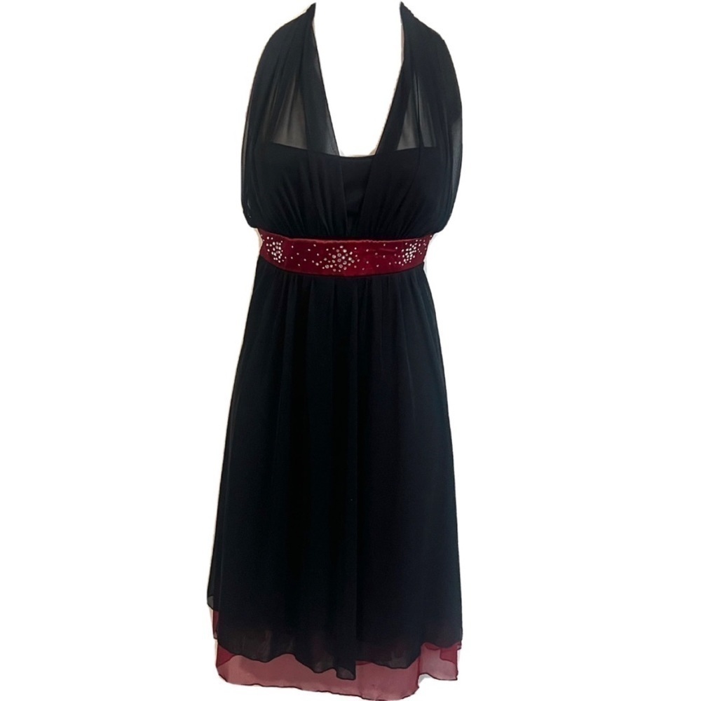 🆕 Trixxi halter v neck mini dress black red pullover sash tie rhinestones M